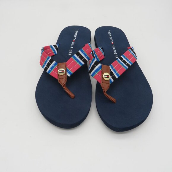 Tommy Hilfiger Women's Flip Flops Plaid Straps Navy Sole Thong Sandals Size 9 NE - Picture 2 of 6